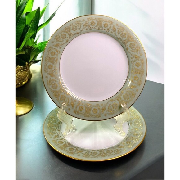 VTG Noritake Viscount 6845 Salad Plates Green & Gold Scroll 8 1/4" Set Of 2 MCM - Picture 1 of 2